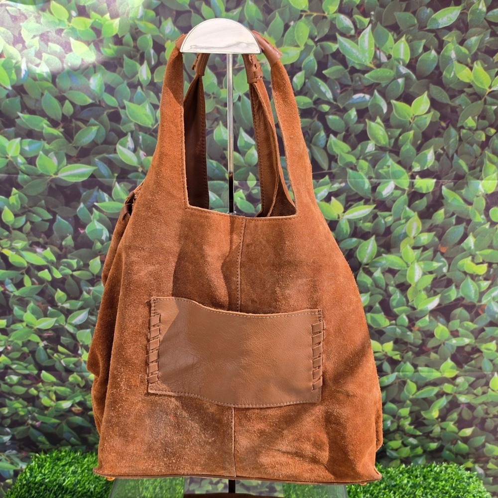 Haute Hippie Brown Suede Tote Bag with Detachable Pouch Whipstitch Pocket
